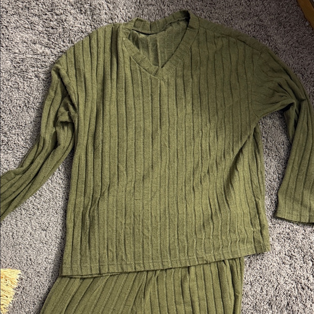 Olive Green Ribbed Knit Sweater Set